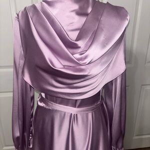 Lavender Satin Drape Neck Long Sleeve Dress